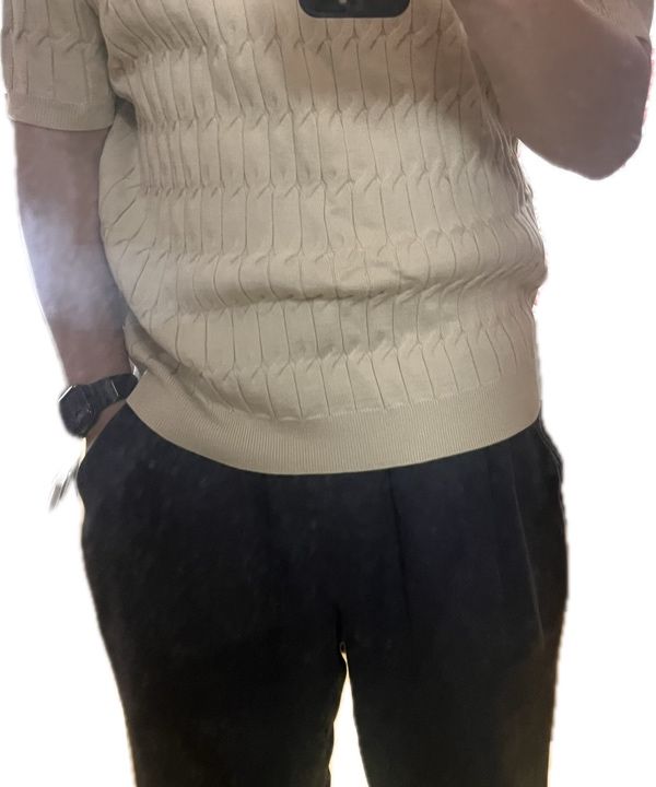 MUSINSA公式 | NODU Six Cable Collar Short Sleeve Knit [Beige]