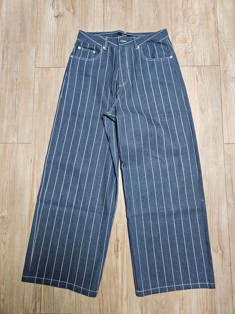 MUSINSA | AAKAM Striped Cinch Back Denim Pants (Blue)