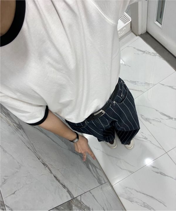 MUSINSA公式 | AAKAM Striped Cinch Back Denim Pants (Blue)