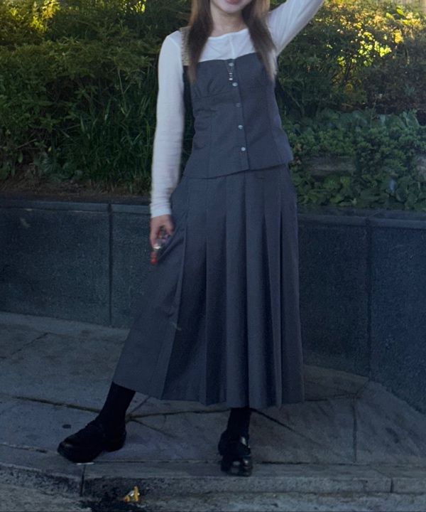 MUSINSA | KHAKIPOINT Pleats Long Skirt (gray)