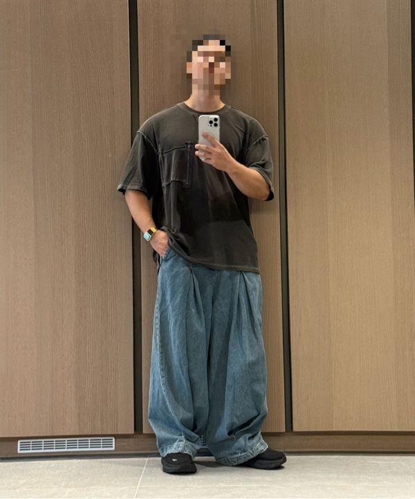 MUSINSA | ANGLAN Long Tuck Wing Balloon Denim Pants - Washed Blue