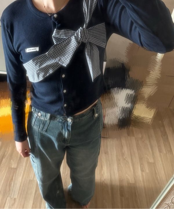 MUSINSA公式 | CRANK Ribbon Tie Knit Cardigan (Navy)