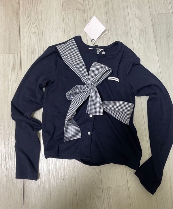 MUSINSA | CRANK Ribbon-Tied Knit Cardigan_Navy