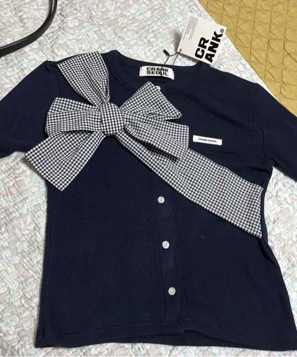 MUSINSA公式 | CRANK Ribbon Tide Knit Cardigan_Navy