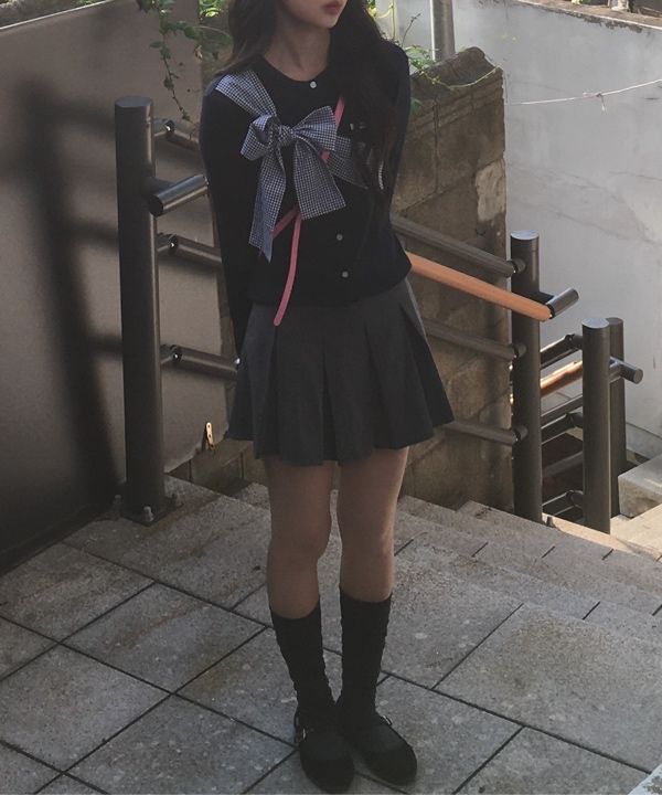 MUSINSA公式 | CRANK リボンタイドニットカーディガン_ネイビー