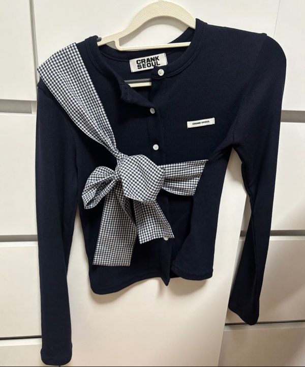 MUSINSA公式 | CRANK Ribbon Tie Knit Cardigan (Navy)