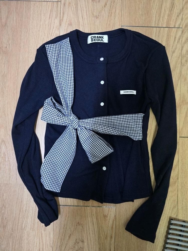 MUSINSA | CRANK Ribbon Tie Knit Cardigan (Navy)