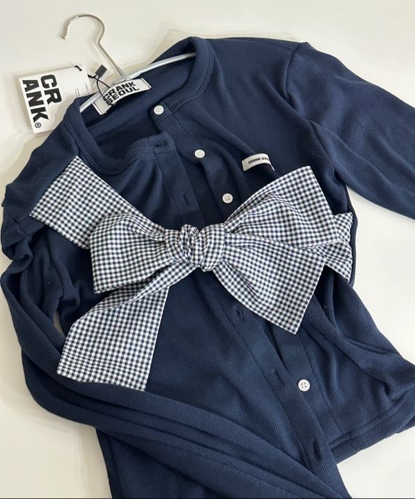 MUSINSA公式 | CRANK Ribbon Tide Knit Cardigan_Navy