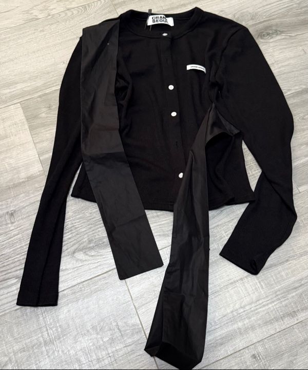 MUSINSA | CRANK Ribbon Tide Knit Cardigan_Black