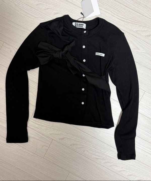 MUSINSA | CRANK Ribbon Tide Knit Cardigan_Black