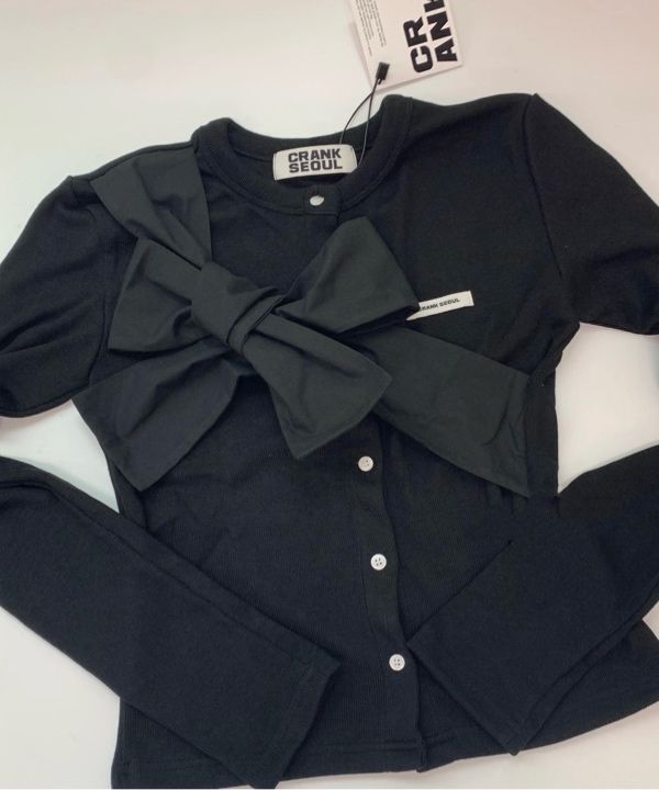 MUSINSA | CRANK Ribbon Tide Knit Cardigan_Black