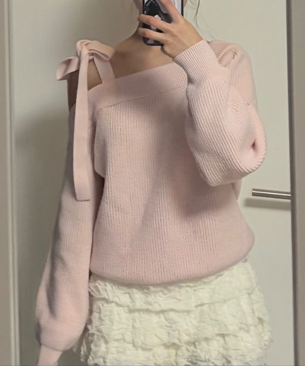 ILLIGO ♡ Bloom Bow Off-Shoulder Knit MUSINSA | ILLIGO Bloom Bow Off-Shoulder Knit Pink