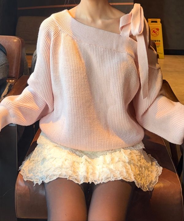 ILLIGO ♡ Bloom Bow Off-Shoulder Knit MUSINSA | ILLIGO Bloom Bow Off-Shoulder Knit Pink