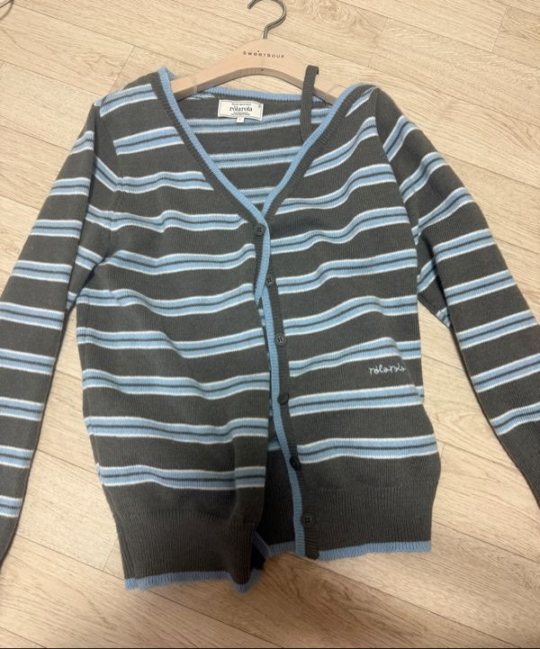 MUSINSA | ROLAROLA ONE OFF SHOULDER STRIPE WOOL BLENDED CARDIGAN GRAY