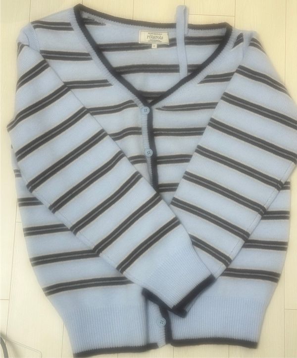 MUSINSA | ROLAROLA ONE OFF SHOULDER STRIPE WOOL BLENDED CARDIGAN BLUE