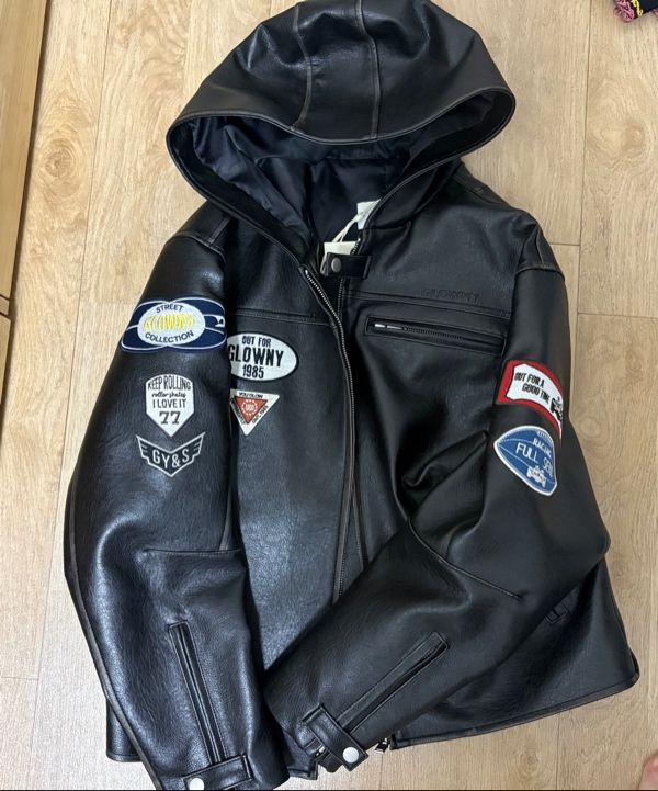 MUSINSA公式 | GLOWNY RACER HOODED LEATHER JACKET (BLACK)