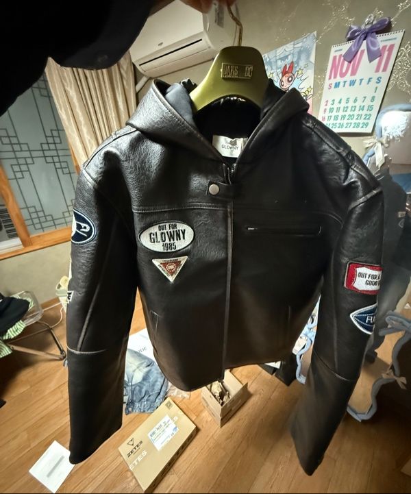 MUSINSA公式 | GLOWNY RACER HOODED LEATHER JACKET (BLACK)
