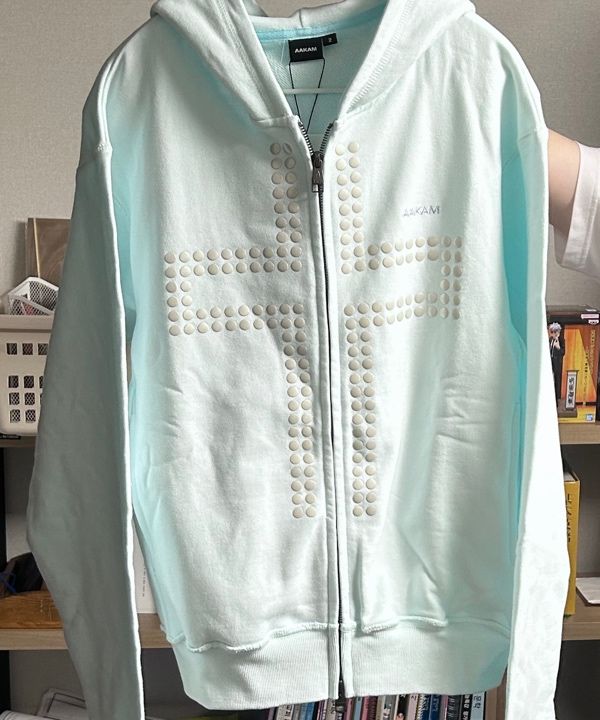 MUSINSA公式 | AAKAM Cross Rhinestone Zip-Up Hoodie (Ice Blue)