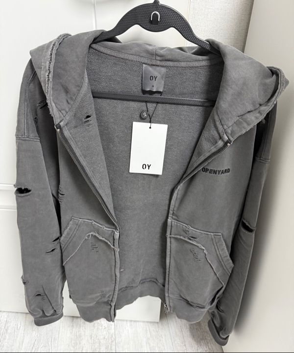 MUSINSA | OY PIGMENT DESTROYED HOODIE ZIP UP - CHARCOAL