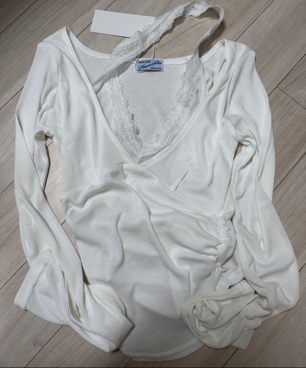 MUSINSA | PLEASENOFOLLOW Amelia Lace Halter Long Sleeve Top (Ivory)