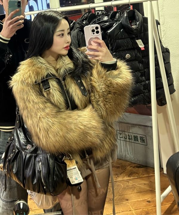 MUSINSA | MATIN KIM NECK BUCKLE CROP FUR JUMPER IN BEIGE