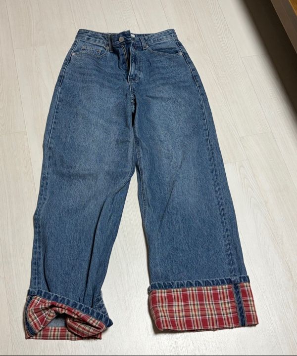 MUSINSA公式 | RONRON PATCH ROLL UP DENIM PANTS RED CHECK