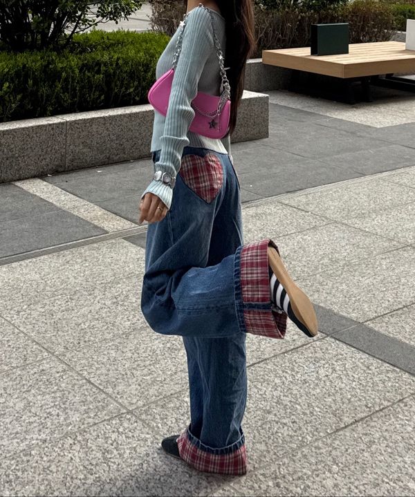 MUSINSA公式 | RONRON PATCH ROLL UP DENIM PANTS RED CHECK