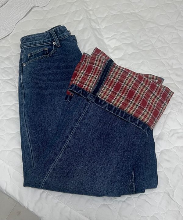 MUSINSA公式 | RONRON PATCH ROLL UP DENIM PANTS RED CHECK