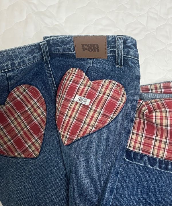 MUSINSA公式 | RONRON PATCH ROLL UP DENIM PANTS RED CHECK