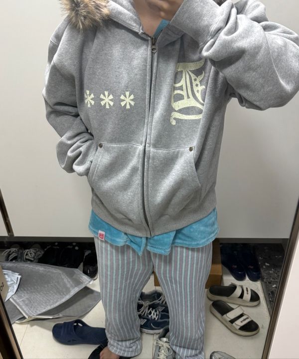 MUSINSA | AMOU AMOU Fur Hoodie Zip-Up GREY