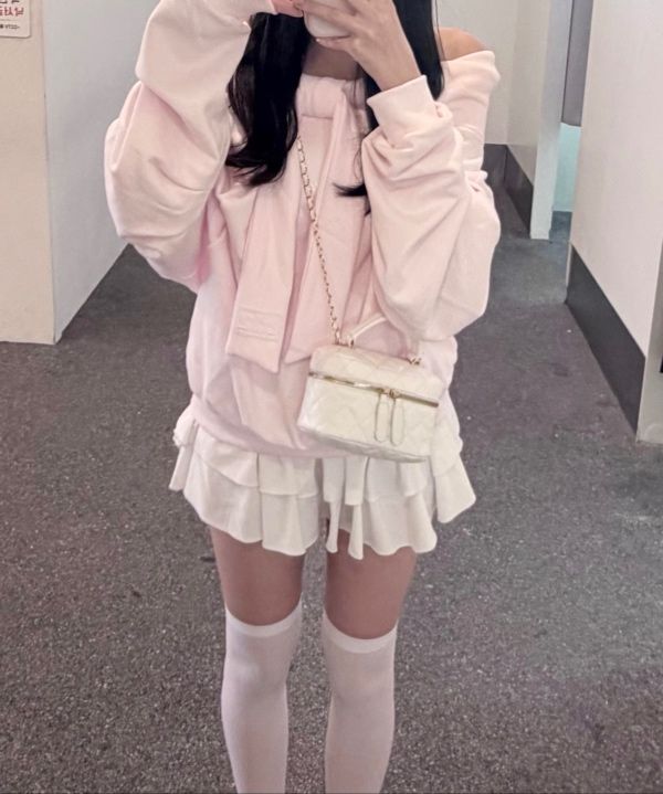 MUSINSA | ILLIGO PURE BOW OFF-SHOULDER SWEATSHIRT PINK