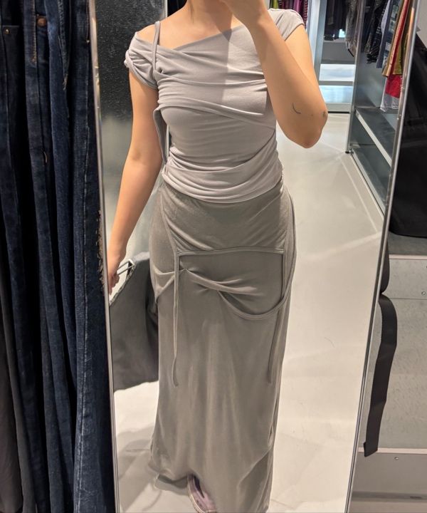 MUSINSA | FLAREUP Asymmetrical Draped Long Skirt (FL-263_Gray)
