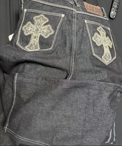 MUSINSA公式 | AAKAM CROS2 Patch Denim Pants (Black)