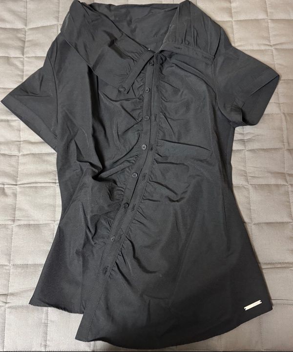 MUSINSA公式 | MISEKI SEOUL High neck shirring button shirt BLACK