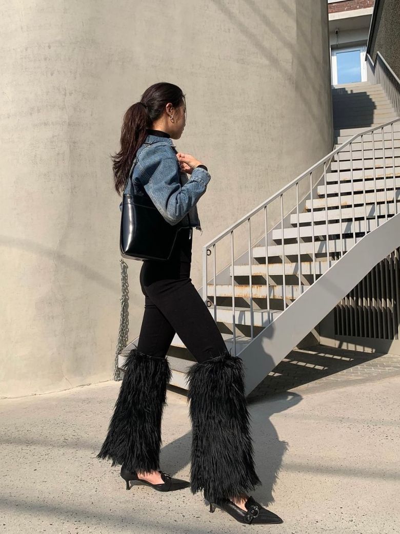 BLACK FEATHER TRIM JEANS