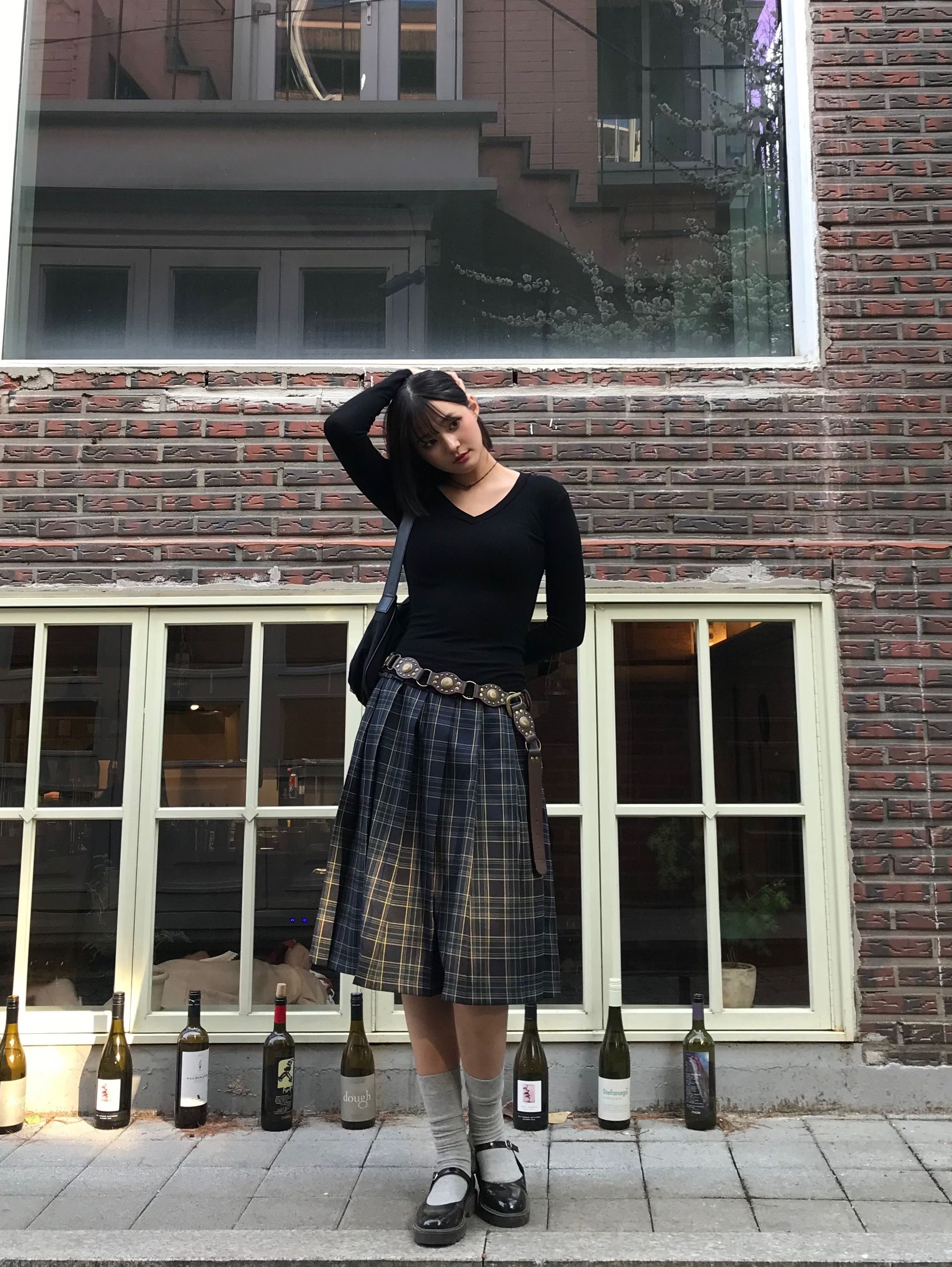 MUSINSA | CRANK Check frill pleated midi skirt_navy