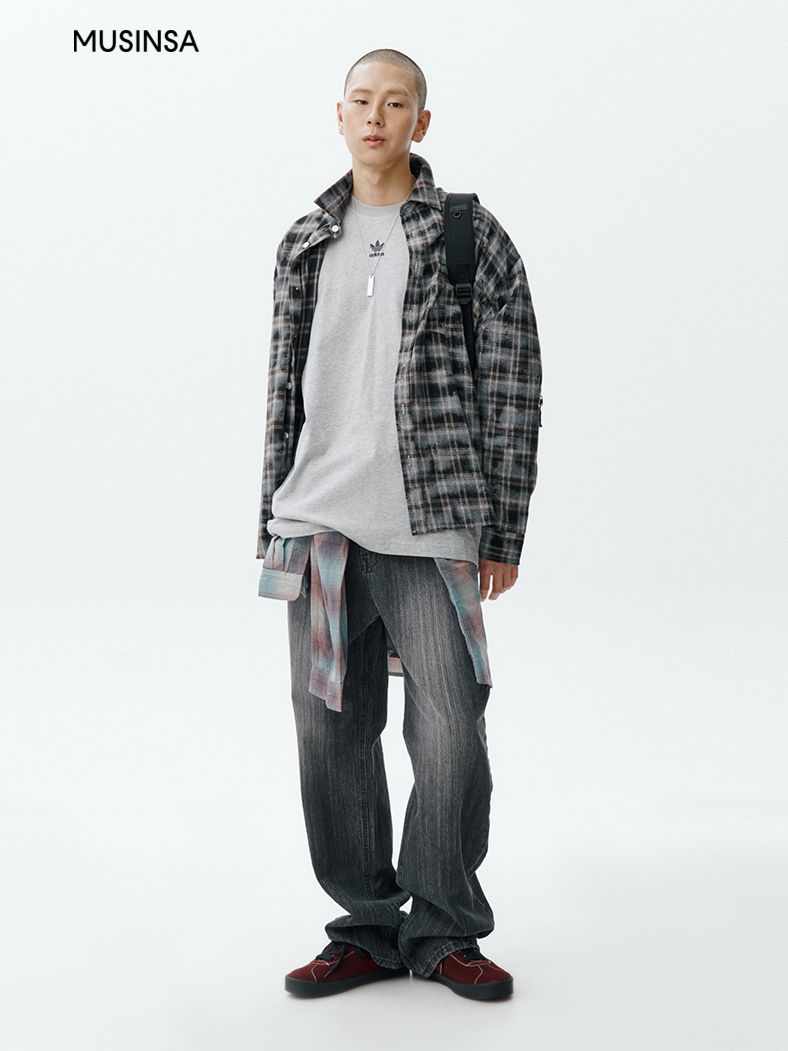 MUSINSA | FILLUMINATE Overfit Damaged Washed Check Shirt-Khaki