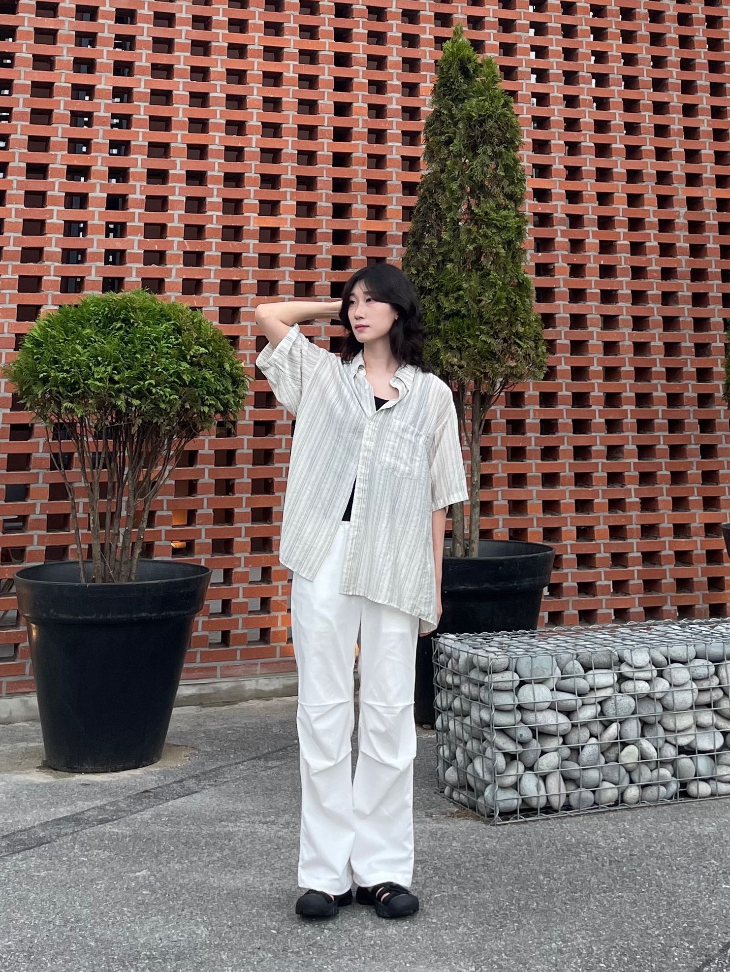 MUSINSA | PARTIMENTO Multi-Stripe A-Line Overfit Half Shirt Sky
