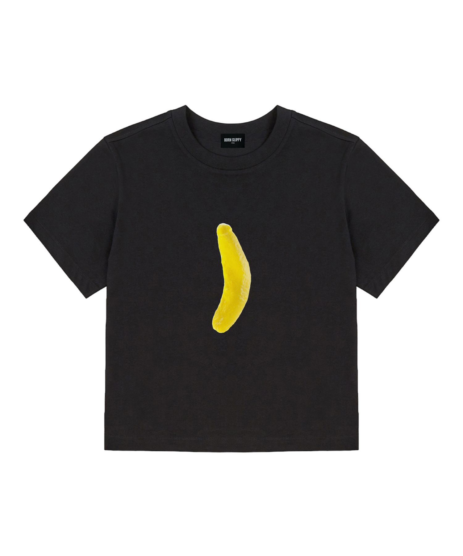 MUSINSA | BORN SLIPPY Banana Jelly Crop T-shirt (Black)