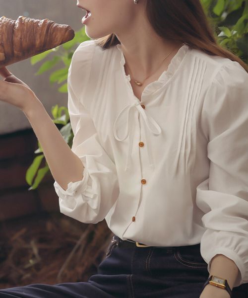 MUSINSA | TILL I DIE Neck frill ribbon cotton blouse_Ivory