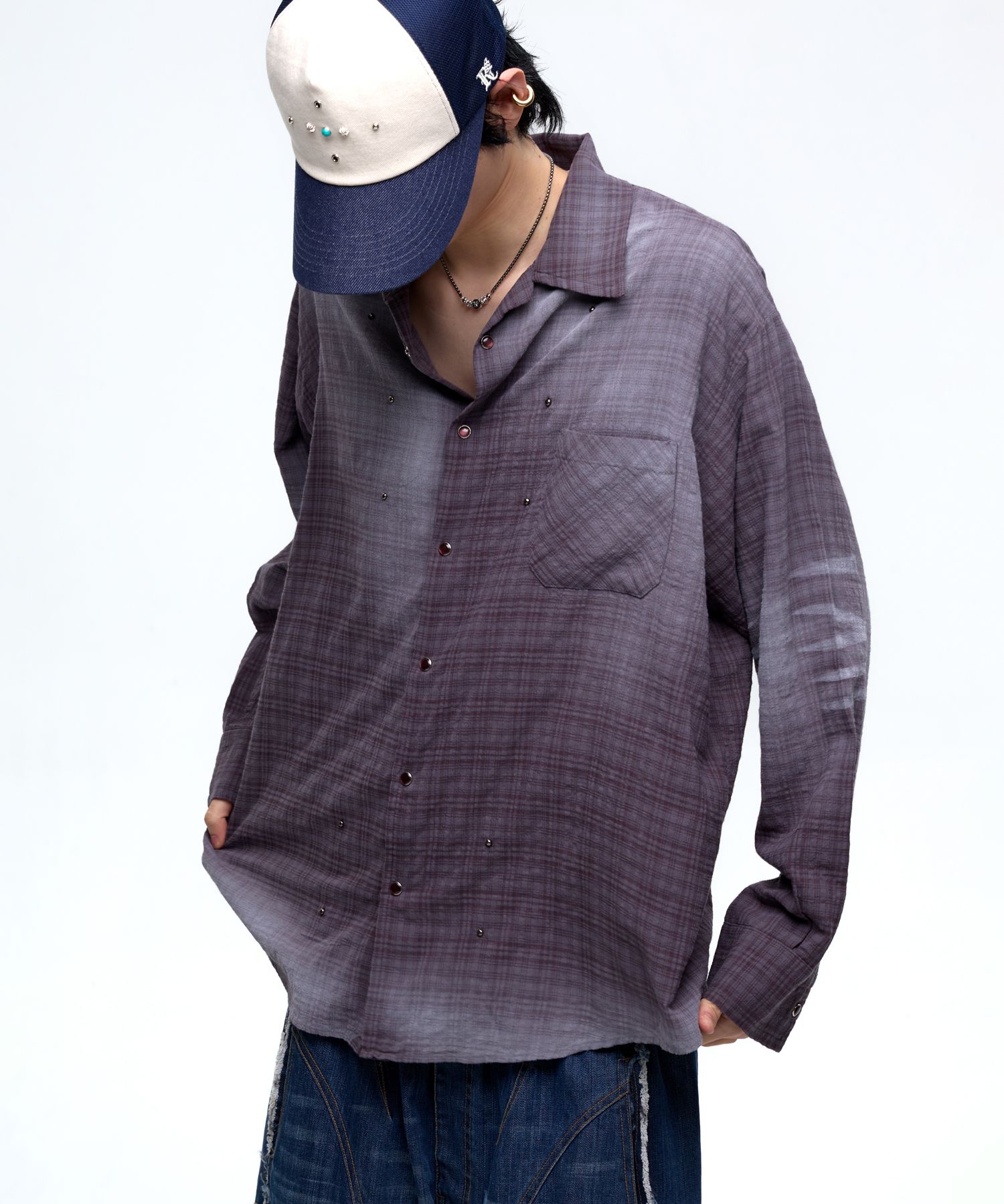 ■R.SHEMISTE■ STUD CAT WASHING CHECK SHIRT ASH PURPLE MUSINSA | RSSC STUD CAT WASHING CHECK SHIRT - ASH PURPLE
