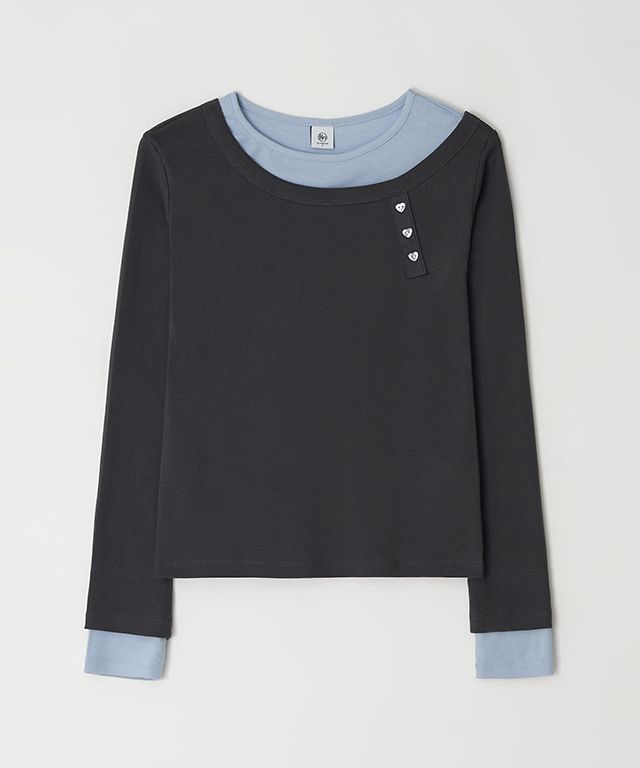 Tシャツ・カットソー RONRON UNBALANCE HEART BUTTON LAYERED T SHIRT 5BJH738 MUSINSA公式 | RONRON UNBALANCE HEART BUTTON LAYERED T SHIRT