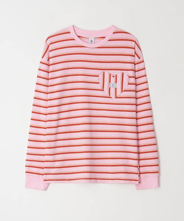 新作【RONRON】MULTI STRIPE HEART POCKET OVERFIT LONG SLEEVE MULTI STRIPE HEART POCKET OVER FIT LONG SLEEVE T SHIRT KHAKI