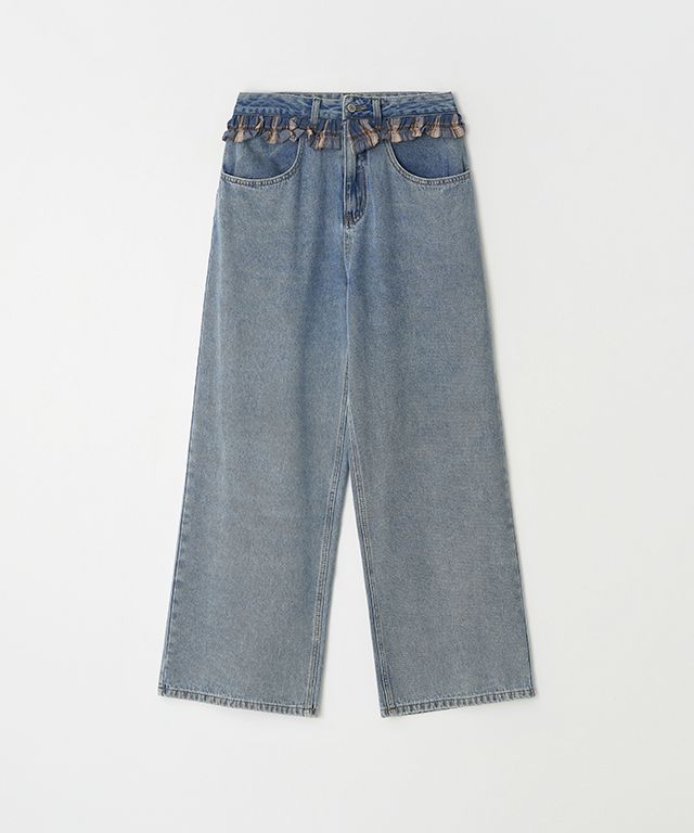 デニム・ジーパン RONRON CHECK FRILL LAYERED DENIM PANTS LIGHT BLUE MUSINSA公式 | RONRON CHECK FRILL LAYERED DENIM PANTS LIGHT BLUE