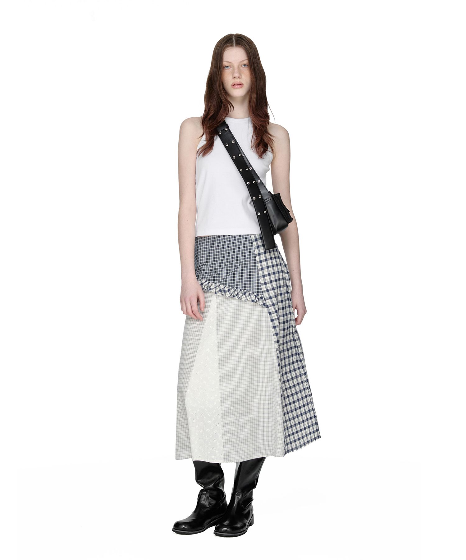 韓国商品/SUNBURN PROJECT Mixed Check Long Skirt MUSINSA | SUNBURN PROJECT Mixed Check Long Skirt, NAVY