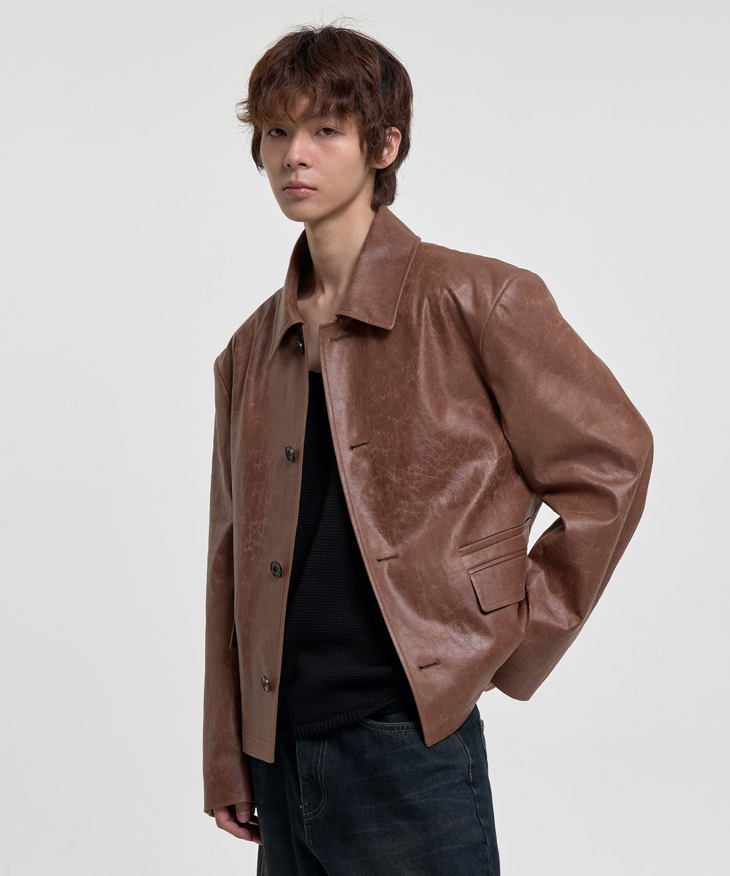 MUSINSA JUAN HOMME Frayed Vegan Leather Jacket (Brown)