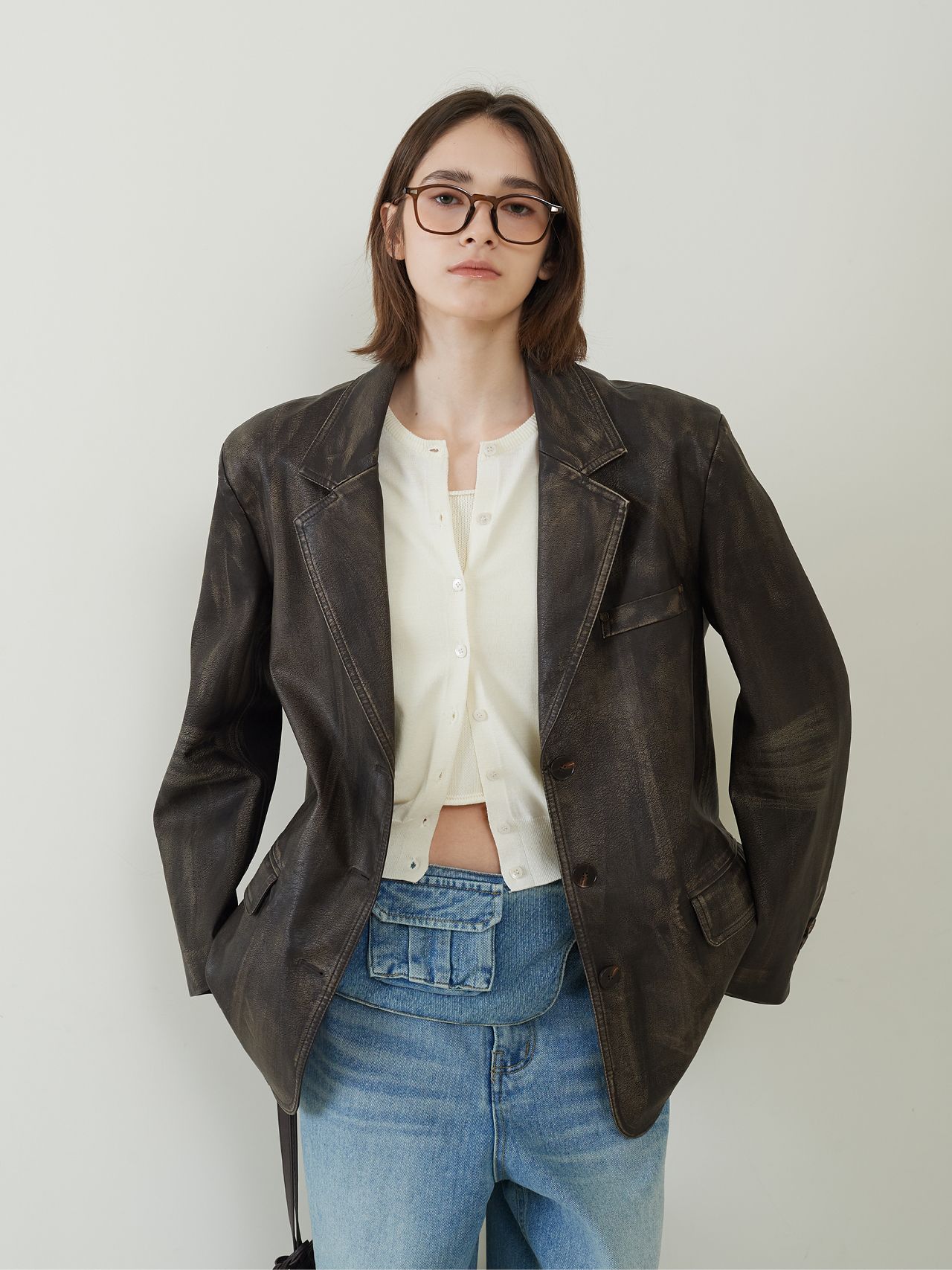 MUSINSA公式 | FROMWHERE Oversized Washed Leather Blazer D/Brown