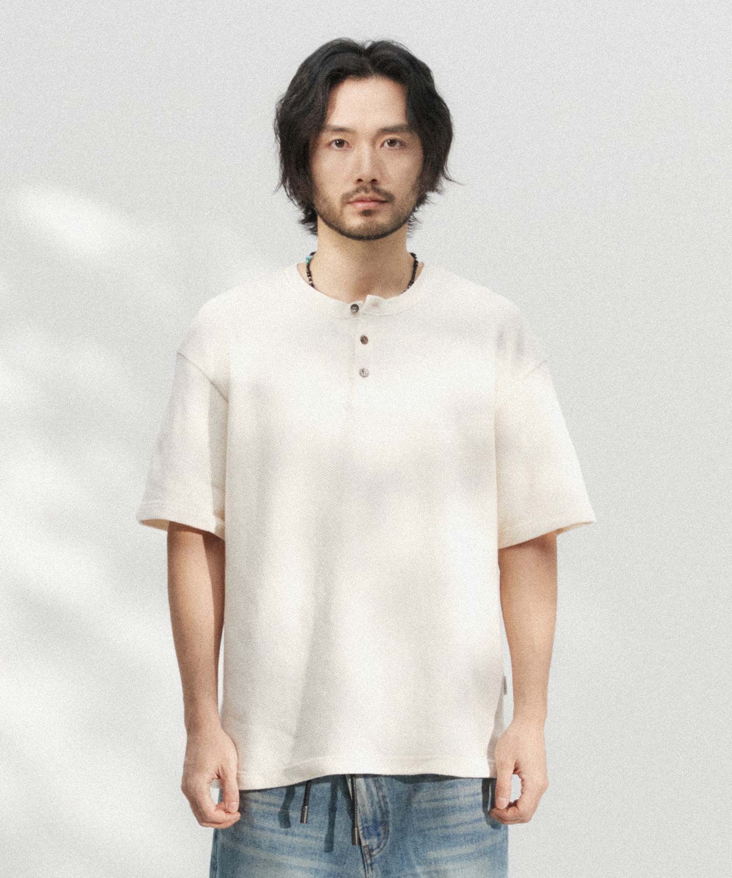MUSINSA公式 | WMC ワッフルテクスチャヘンリーネック半袖Tシャツ_WHITE