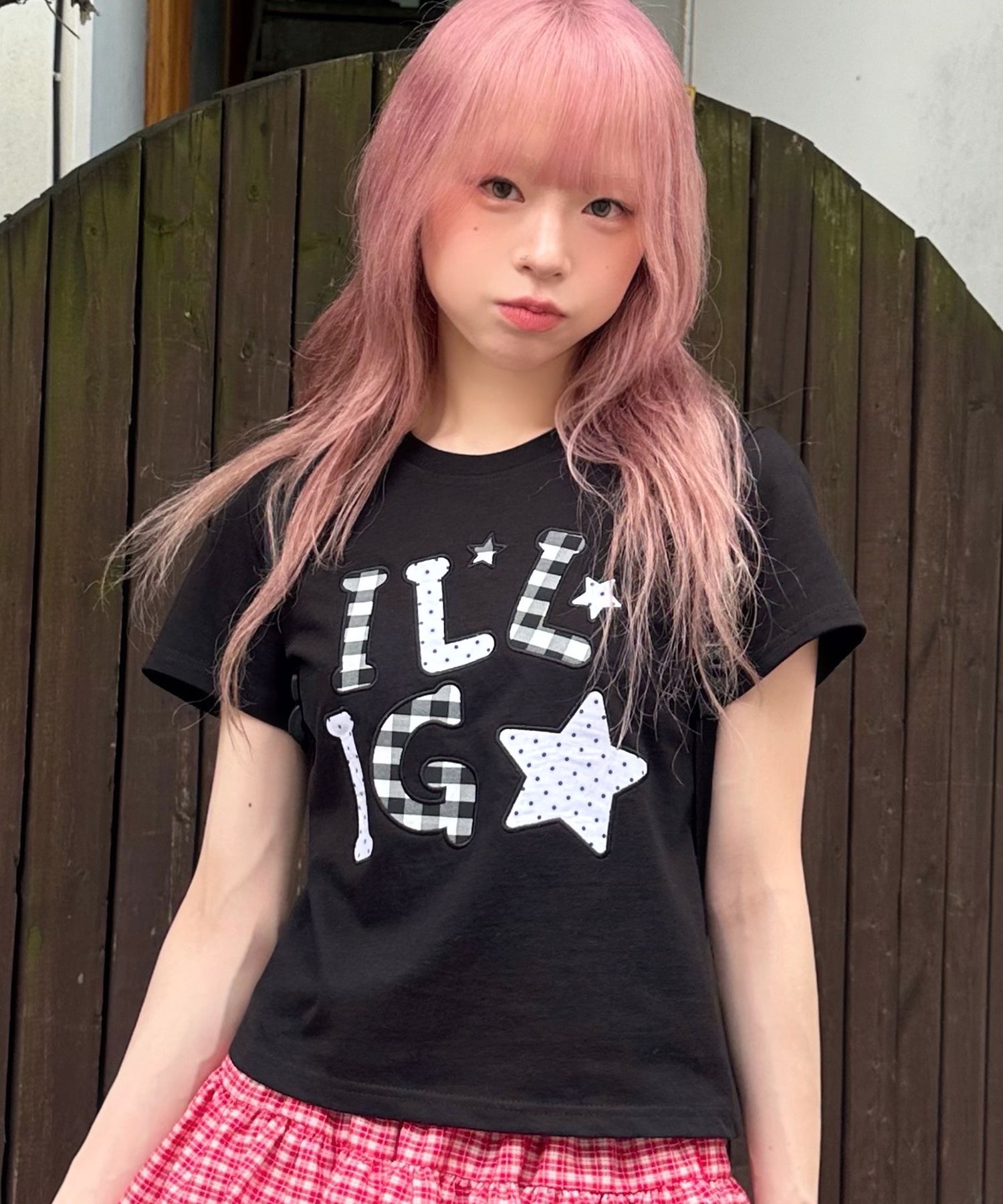 ★ILLIGO★ Check Applique Loose Crop T-Shirt 2color MUSINSA | ILLIGO Check Applique Loose Crop T-Shirt Black