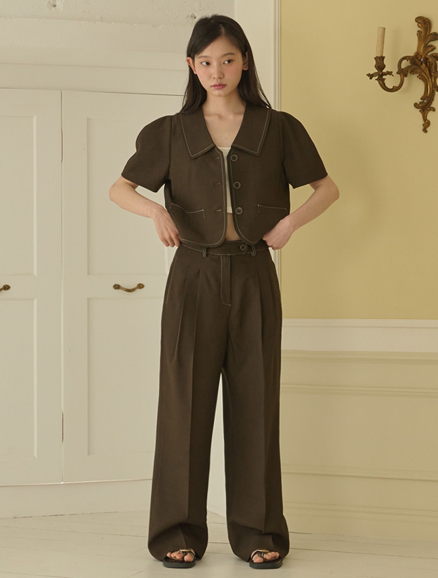 Set - Puff sleeve crop jacket + tutu wide pants _Brown